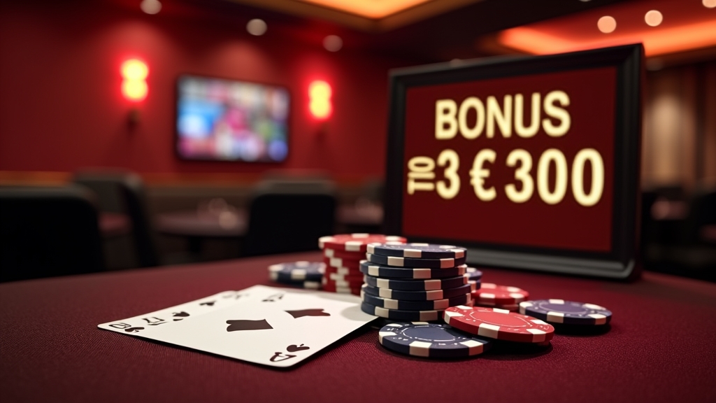Πίνακας προσφορών καζίνο με bonus cards και μάρκες σε ατμοσφαιρικό lounge.