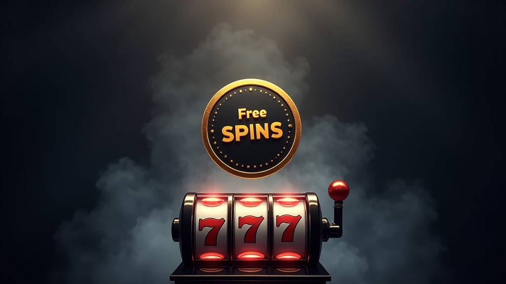 Σκηνή no deposit με free spins token πάνω από slot σε σκοτεινό, πολυτελές καζίνο.